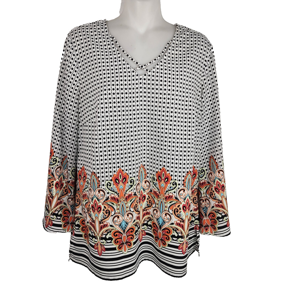 Chicos Women Tunic Top 3/4 Bell Sleeve Polka Dot Floral Criss Cross V Neck Small